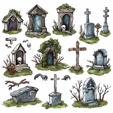 dreary cemetery things clipart on white background