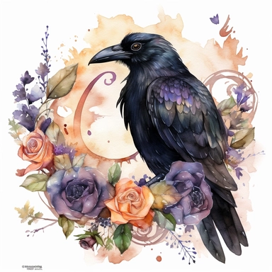 Design an enchanting watercolor clipart of a boho witch's familiar, such as a mystical black raven, adorned with alchemical symbols and surrounded by botanical elements. In HD on a white background.