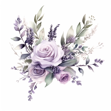with white background, art Watercolor, Watercolor Lavender and Eucalyptus Crescent floral clipart, hd, high detailed, lavender bold purple, muted green and silver leaves, delicate petals, pastel, muted, soft, subtle, romantic, dreamy, ultra details, high resulution, dynamic lighting, rendering, photo realistic, lightroom gallery, cinematic lighting