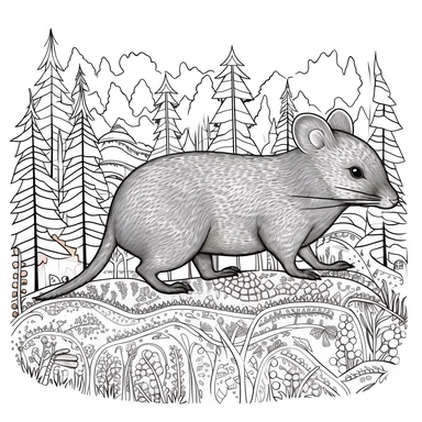 Draw a clipart-style black and white illustration with simple outlines and bold lines depicting the following anecdote: The shrew is a small animal that helps maintain the balance of the ecosystem. Make sure to leave some space for children to color. Add a simple and linear black and white background that fits the anecdote and is suitable for coloring.