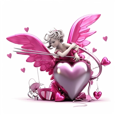 Cupid, fuchsia colour, silver wings, love theme, hearts coming out the arrow. Clip art