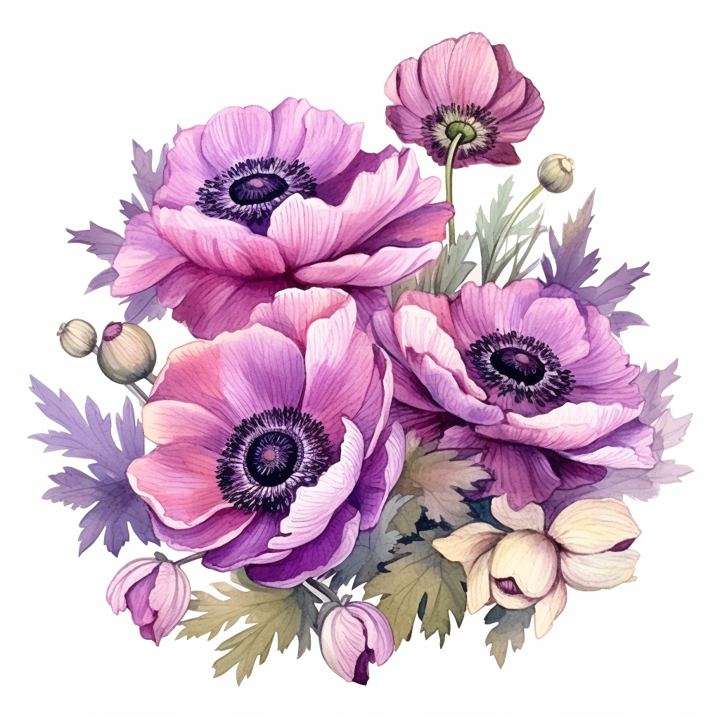 anemone flower bunch arranging into the boarder, watercolor, clipart ...