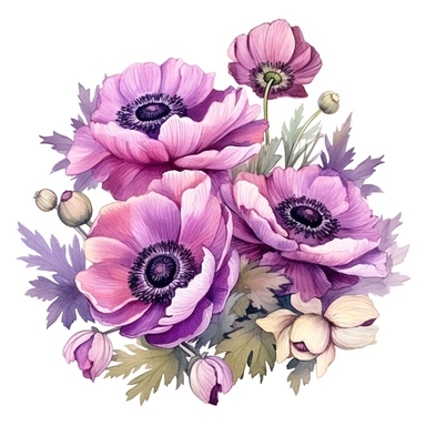 anemone flower bunch arranging into the boarder, watercolor, clipart, highly detailed, HD, pastel color