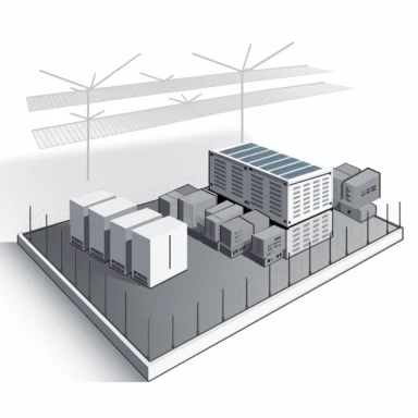 Create a crisp and clean clipart image of a large-scale battery energy storage system connected to the grid, designed to catch the attention of potential investors. The image should have a white background, making it easy to incorporate into an investment opportunity teaser. The style should be simple yet professional, using a limited color palette to emphasize the key elements of the battery storage system and convey its modern and efficient design.