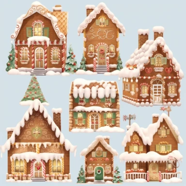 <@936929561302675456> very detailed, gingerbread house town village set of clipart, flat, no 3D, light brown and white, transparent background,