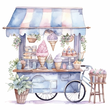 Watercolor wedding icecream blue stand, wedding clipart, simple, soft colors, cartoon elements, watercolor boho style, white transparent