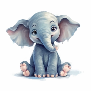 cute Elephant Clipart sitting and smiling in the style of oil painting, on a white background