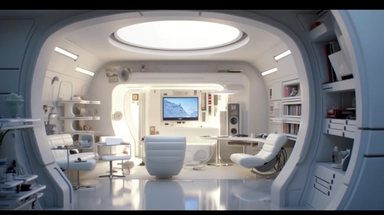 movie clip scene mid day of summer, white clean elevated living pod, shimmering lights and shadows over living room studio library and kitchen open concept photographic high definition render, cold blinding shinny white fall light god rays shadows shimmering closeup detail concept art detailed painting with giant spaceship window of a cool industrial living quarters spaceship , huge over window with gorgeous galactic view, happy blade runner android, cool airvehicle cockpit, living bedroom offic