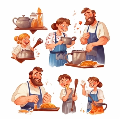 multiple poses characters of a family including dad, mom and kid. thay are enjoy cooking inthe kitchen , watercolor in medieval cartoon grunge style clipart on white background