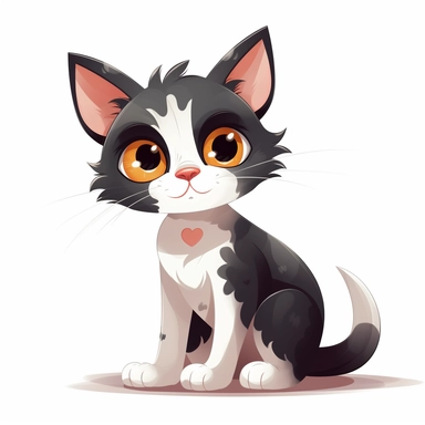 cute and beautiful cat with white face with few spots in black close to the ears and left side of nose and black tail vector art, clipart, illustration, kids book style, different angles, character sheet, white background, ar 3:2, q 2