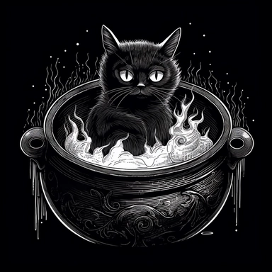 white drawing black cat inside a witch cauldron, clipart, black background