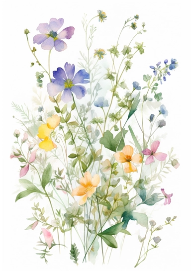 a watercolour of floral flourishes made out of very delicate summer wildflowers on white background for clipart, 8k