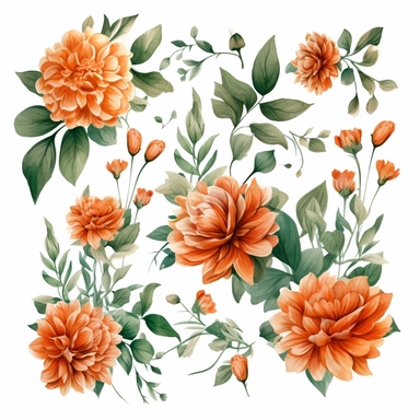 watercolor flowers peach colored, deep emerald green leaves flourish, burnt orange flowers, gathered all together as a set that could lay flat across something in clipart