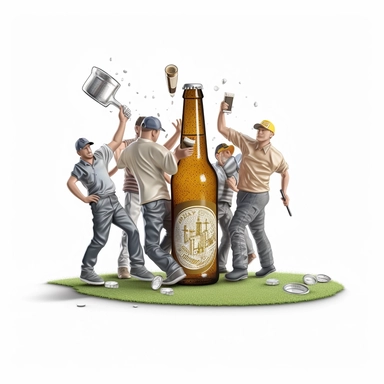 clipart sticker, 3d, isolated from white background, five guys playing golf and everyone holds a bottle bitburger beer