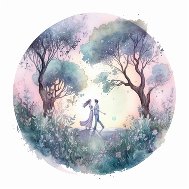 watercolor, hyper realistic, white background, white margins, 16k, ultra detailed clipart, cut out image, hand-drawn, whimsical a couple dancing in a moonlit garden, Create a dreamy atmosphere with a color scheme consisting of delicate pastel shades like lavender, mint green, baby blue, and pale pink