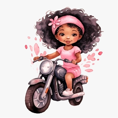 Cute little girl black skin sitting on her motorcycle pink watercolor Clipart