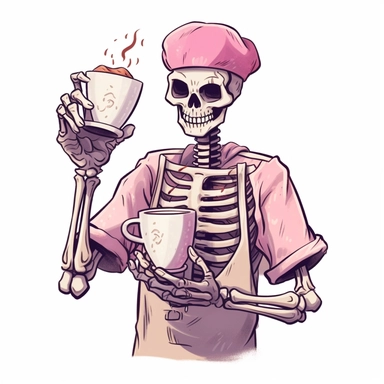 Skeleton barista handing out a cup of coffee, cartoon cutout style by Lucy Fleming, watercolor, smooth gradients, black contour outline, ultra detailed, clipart elements, delicate pastel colors, solid white background, super clear, high quality