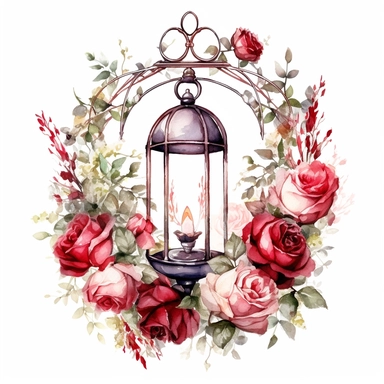 a lantern in the shape of a circle, adorned with delicate red roses. The captivating sight of flowers floating around the light will create a romantic ambiance. White background, clipart, watercolor, intricate detai