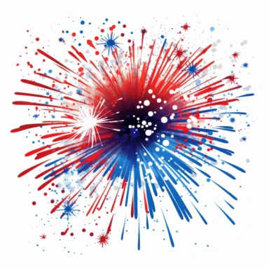 4th of july fireworks, red white and blue colors, cartoon, white background, clipart
