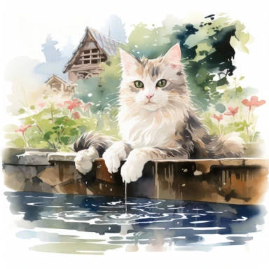 Domestic Shorthair cat happily soaking in the famous open-air hot spring in Niigata, Japan, Clipart Watercolor By Yuzo Komori. clean line, white background, spaced out