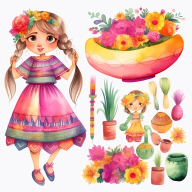 Colorfull clip art watercolor,a girl cinco de mayo dress, 8k