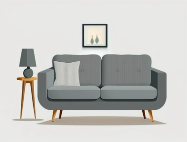 frontal view of a grey sofa, white wall in background, carpet on floor, table, clipart illustration, vector image, flat colors, on white background, isolated on white background