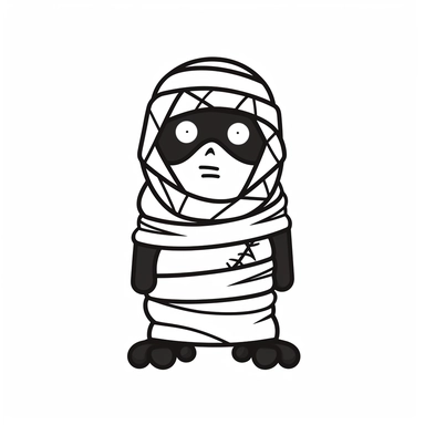 black and white silhouette of a halloween cartoon mummy, clipart style, white background, thick lines, vector, simple design, flat colour, solid colour