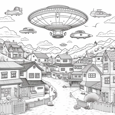 UFO in the Village pixar style, THIN LINES, INTRICATE DETAILS, HAND DRAWN, CRISP LINES, PENCIL SKETCH, HIGHLY DETAILED, ILLUSTRATION, LINE ART, DIGITAL ART, VECTOR, COLORING PAGE FOR KIDS, CLIPART, PRINTABLE OUTLINED ART, GREYSCALE, DIGITAL STAMP, MODERN CARTOON STYLE, REALISTIC CARTOON STYLE, MODERN ANIME, CLASSIC MANGA, KAWAII STYLE,CHIBI DRAWING STYLE