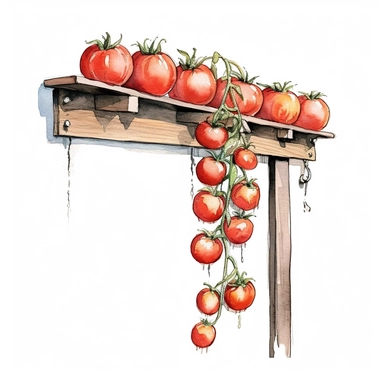 tomatoes on a wooden hanger, watercolor clipart & clip art, in the style of light red and dark gray, narrative paneling, classic american cars, uhd image, hand lettering, depiction of rural life, wood