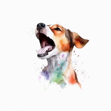 Watercolor dog barking clipart, white isolated background, space out, hd