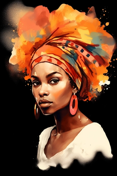Portrait afro girl woman wears bandana for curly hairstyles. melanin skin. Shenbolen Ankara Headwrap Women. Afro Traditional Headtie Scarf Turban in tribal zebra fabric design texture watercolor clipart. pink indigo and orange. gold details on black background watercolor texture. white flowers.