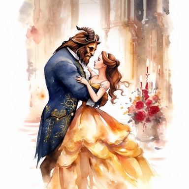 clipart Beauty and the Beast: Happily Ever After Design a heartwarming composition showcasing Belle and the Beast's happily ever after. Depict them in a tender embrace, surrounded by their friends from the castle, now human once again. Use soft, warm colors and a serene backdrop to create a sense of fulfillment and joy. watercolor, white background, highly detailed, photorealistic, high quality, light pastel colors, romantic, delicate, feminine, florals, lots of details