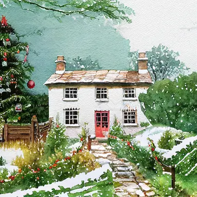 English country cottage, Christmas, watercolor, clipart