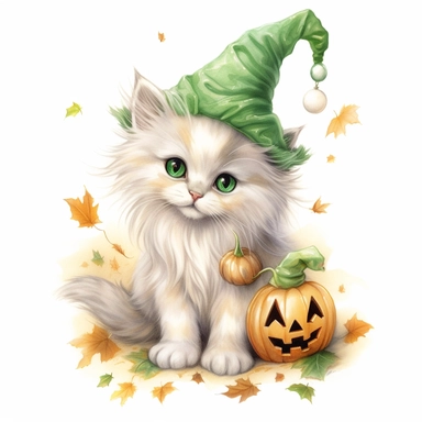 a small cute smiling white long haired kitten in halloween dress, color pencil sketch on a white background for clipart, small green and gold confetti.