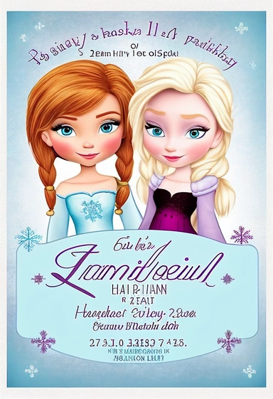 cute little elsa and anna from disney frozen invitation card, little elsa and anna clipart invitation card, attractive, 8k, birthday party invitation card, with all party details like address name etc