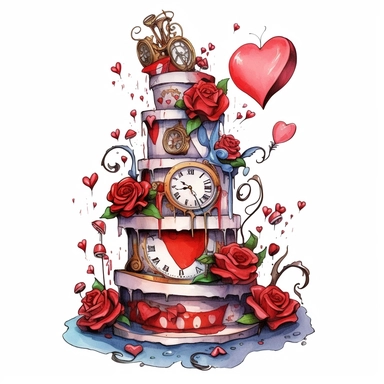 An alice in wonderland tier cake, with layers lopsided in different colors, watercolor steampunk style, with clocks, red hearts and red roses, white background, clipart