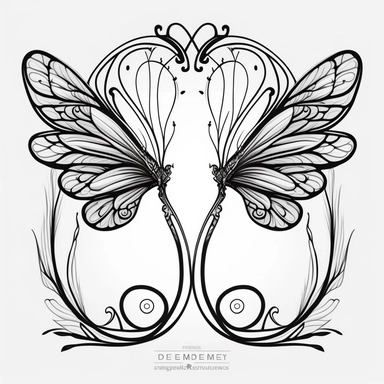 symmetrical dragonfly style fairy wings in art nouveau style, black lines, detailed, flat design, flat flowers embedded into the wings, white background, clipart style, black and white,
