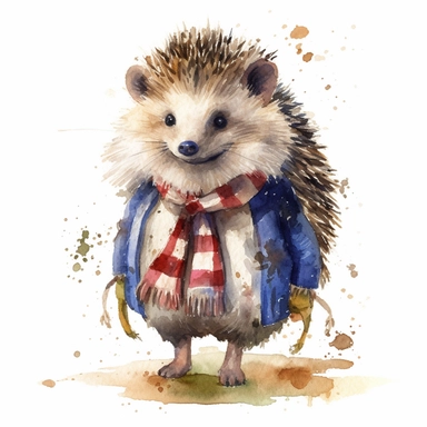 a moving hedgehog dressed up, dressed up, happy smiling face, cute animal, adorable, playful atitude, adorable watercolor animal clipart, no background, high quality and very sharp image with clear focus