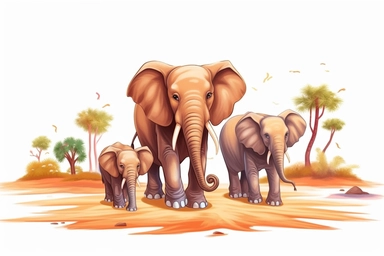 cute baby elephant walking through the dessert with its siblings Clipart, On White Background, Spaced out, Vector Graphic,