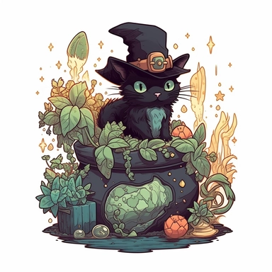 isometric illumination of a Tarot card of cute black cat wearing a pointy witch's hat, beside a cauldron filled with uncontrollable growing plants, glowing magical minerals, art nouveau art style, clipart witchcore dreamcore cottagecore white background no text, isolated on white, ghibli style,award winning