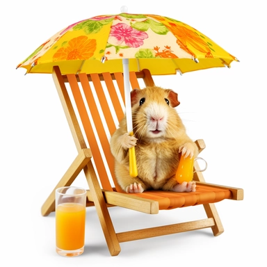 hyper-detailed clipart illustration of a happy Guinea Pig, sitting on a beach chair, wearing sunglasses and sipping a cold drink with a funny hat and a tiny paper umbrella, extreme close-up view, isolated on white background with margins, Studio Ghibli-style,