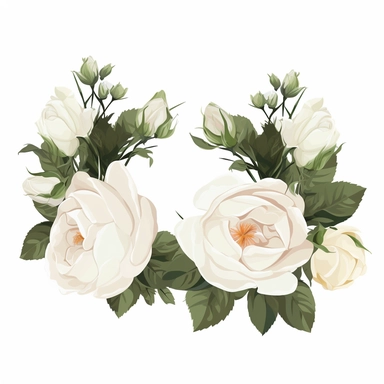 2 White Roses Flower Crown, Clipart, White background, in Flat Design