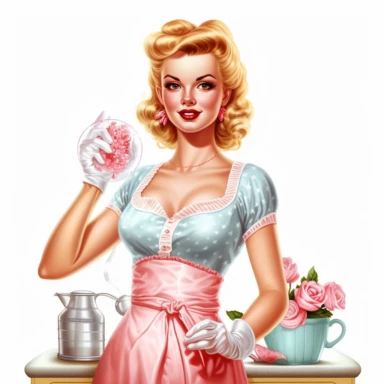 beautiful pretty pin up woman, makeup and hair 50's style, diferent cleaning poses,maid dressed, home stuff in her hands, and a lace on her hair, all in 50's style, paint art style, detail, clipart, white background, superrealistic, one of a kind