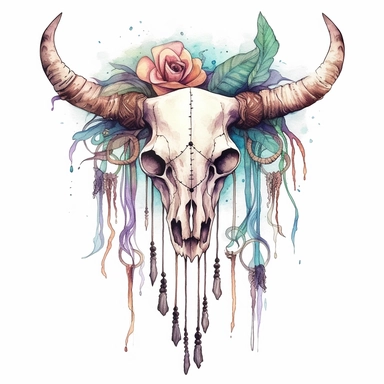 a clipart image of a boho bull skull with feathers hanging from it by strings in the style of watercolor and ink