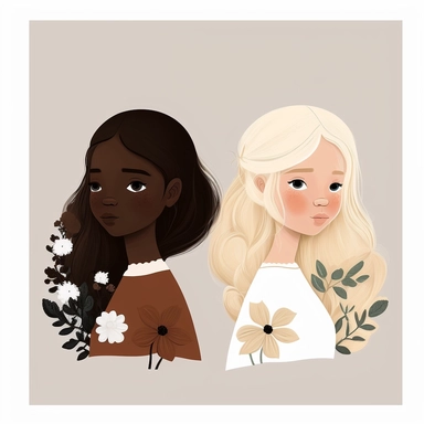clipart , minimal simple Blonde Girl and black girls with flowersBohemian style ,white background ,no text ,without border