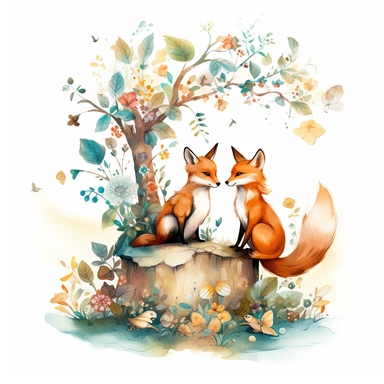 A whimsical scene of a fox and a rabbit sitting on a tree branch, surrounded by a flurry of leaves and flowers. The fox and rabbit are rendered in Marumiyan's signature style, Clipart, 8k, HD, white background