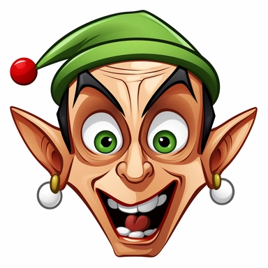 clipart comical head of a chrismas elf look very excited. No background.