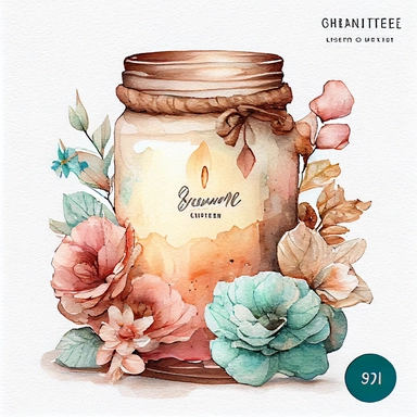 watercolor, hyper realistic, white background, white margins, 16k, ultra detailed clipart, cut out image, hand-drawn A vintage-style clipart featuring a scented candle jar, exuding a warm glow and emitting a fragrant aroma.Use soft and muted colors such as cyan, brown, and rose for a vintage-inspired palette.