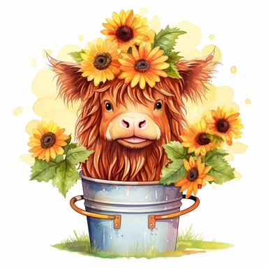 Highland Cow With Sunflowers in a flower pot with colorful flowers and a rainbow clipart