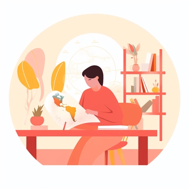 vector design, teacher sitting at the table in the classroom, On table books and a globe, a map of the world is on the wall, flat modern illustration, clipart, white background, soft gradient transition, in the style of warm color palette, natural pastel colors, in bed red and yellow, object portraiture specialist, uniformly staged images, animated illustrations